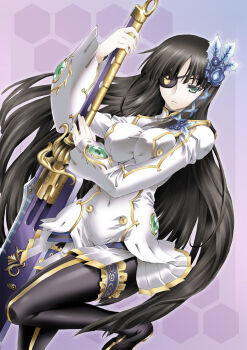 1girl black_hair breasts eyepatch female_focus flower frilled_thigh_strap garter_belt green_eyes hair_flower hair_ornament highres honeycomb_(pattern) honeycomb_background honeycomb_pattern large_breasts legs long_hair nagisa_(phantasy_star) pantyhose phantasy_star phantasy_star_portable_2 phantasy_star_portable_2_infinity solo thigh_strap thighs uguisu_kagura weapon