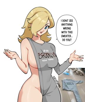 1girl alternate_breast_size_(larger) bare_shoulders blonde_hair blue_eyes breasts brooklyn_sweater dress earrings grey_sweater hair_over_one_eye highres jewelry large_breasts long_hair mario_(series) nintendo rosalina selvish94 sideboob smile solo star_(symbol) super_mario_galaxy sweater thighs underboob