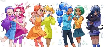 bad_id bad_twitter_id black_hair blonde_hair blue_eyes blue_hair blue_jacket blue_overalls blue_sapphire_(rainbow_bubblegem) closed_eyes closed_mouth double_bun dress eng_lya green_eyes green_hair green_leaf_(rainbow_bubblegem) hair_bun heart_hands_failure highres holding holding_stuffed_toy indigo_keen_(rainbow_bubblegem) jacket long_hair looking_at_another looking_at_viewer one_eye_closed open_mouth orange_amber_(rainbow_bubblegem) orange_dress orange_hair overalls purple_hair purple_star_(rainbow_bubblegem) rainbow_bubblegem red_eyes red_hair red_ruby_(rainbow_bubblegem) short_hair simple_background skirt smile standing stuffed_animal stuffed_cat stuffed_toy thumbs_up v white_background yellow_dress yellow_gold_(rainbow_bubblegem)