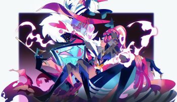 1girl 2boys absurdres boots braid colored_skin commentary_request dark-skinned_female dark_skin demon_boy demon_girl dreadlocks hazbin_hotel hellaverse highres looking_at_another multiple_boys ponytail purple_skin thigh_boots valentino_(hazbin_hotel) velvette_(hazbin_hotel) vox_(hazbin_hotel) zhu_xing_pupupu