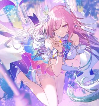 Rule 34 | 1girl, ;), aqua hair, bare shoulders, breasts, commentary, cyrene (demiurge) (honkai: star rail), cyrene (honkai: star rail), dress, earrings, flower, hair flower, hair ornament, highres, honkai: star rail, honkai (series), jewelry, large breasts, looking at another, looking at viewer, multicolored hair, one eye closed, pink hair, pointy ears, purple eyes, smile, solo, syerii, thighs, twitter username, two-tone hair, white dress