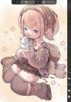 Rule 34 | 1girl, art program in frame, blonde hair, blue eyes, bow, brown cardigan, brown dress, brown headscarf, brown leg warmers, brown shoes, brown thighhighs, cardigan, dress, final fantasy, final fantasy xiv, floral background, food, full body, hair bow, headscarf, highres, holding, holding food, holding ice cream, ice cream, lalafell, leg warmers, light blush, multiple hair bows, open mouth, original, pointy ears, procreate (medium), procreate (software), red bow, shoes, short hair, sidelocks, sitting, smkkkk, solo, striped headscarf, stuffed animal, stuffed toy, teddy bear, thighhighs, twintails, wariza, warrior of light (ff14), yellow background