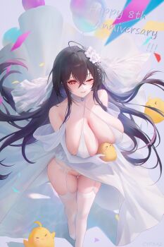 &gt;_&lt; 1girl absurdres ahoge alternate_costume animal anniversary azur_lane baby_animal bare_shoulders bird black_hair breasts chick choker cleavage collarbone commentary criss-cross_halter crossed_bangs cyp3a2 dress elbow_gloves english_commentary flower garter_belt gloves hair_between_eyes hair_flower hair_ornament halterneck high_heels highres holding holding_animal huge_breasts long_dress long_hair looking_at_viewer manjuu_(azur_lane) micro_panties one_eye_closed panties parted_lips red_eyes shadow shoes sidelocks signature skindentation smile standing taihou_(azur_lane) thighhighs underwear veil very_long_hair white_choker white_gloves white_panties white_shoes