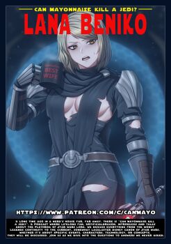 1girl armor belt black_gloves black_scarf blonde_hair breasts coffee_mug cup energy_sword eyeshadow gauntlets gloves highres lana_beniko lightsaber makeup medium_breasts mug open_mouth pauldrons red_lightsaber scarf short_hair shoulder_armor single_gauntlet sith star_wars star_wars:_the_old_republic sweatdrop sword teeth torn_clothes weapon yellow_eyes zxpfer