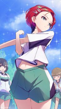 3girls amate_yuzuriha aqua_eyes aqua_skirt blush breasts closed_eyes closed_mouth clothes_lift earrings exercising gundam gundam_gquuuuuux gym_shirt gym_shorts gym_uniform hair_ornament highres holding holding_hands jacket jewelry long_sleeves multiple_girls open_mouth outdoors red_hair s_panda_k school_uniform shirt shirt_lift short_hair short_sleeves shorts skirt track_jacket white_shirt