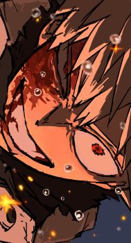 1boy absurdres bakugou_katsuki blonde_hair blood blood_on_face boku_no_hero_academia canagisaurus clenched_teeth commentary_request grin highres injury korean_commentary male_focus red_eyes short_hair sideways smile solo spiked_hair teeth torn_clothes uneven_eyes water_drop wide-eyed