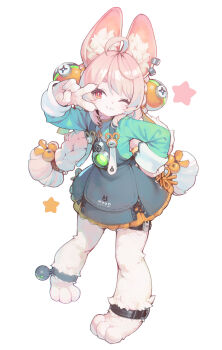 1girl ;3 animal_ears ataruman black_skirt braid commentary_request fingernails furry furry_female green_jacket highres jacket long_hair long_sleeves looking_at_viewer one_eye_closed pink_hair red_eyes simple_background skirt solo star_(symbol) twin_braids v white_background zenless_zone_zero zhao_(zenless_zone_zero)