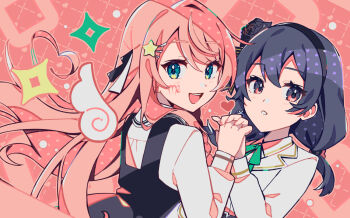 2girls :d black_dress black_flower black_hair black_hairband black_rose blazer blue_eyes braid character_request check_copyright collared_shirt commentary_request copyright_request dotted_line dress flower grid_background hair_between_eyes hair_flower hair_ornament hairband hand_up heart hiiragi_magnetite holding_hands interlocked_fingers jacket long_hair looking_at_viewer looking_to_the_side low_twintails multiple_girls nou_(nounknown) open_mouth original pinafore_dress pink_background pink_hair red_eyes rose school_uniform shirt sleeveless sleeveless_dress smile star_(symbol) star_hair_ornament twintails very_long_hair virgo_(symbol) vocaloid white_hair white_shirt