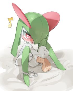 Rule 34 | 1boy, 1girl, bed, clitoral hood, clitoris, clothing aside, disembodied penis, drooling, flat chest, gen 3 pokemon, green hair, green thighhighs, happy sex, hetero, highres, holding own leg, kirlia, looking at viewer, nintendo, panties, panties aside, penis, pokemon, pokemon (creature), pussy, pussy juice, red eyes, saliva, saliva trail, sex, simple background, spread legs, testicles, thighhighs, tosx, uncensored, underwear, vaginal, white panties, white sheet