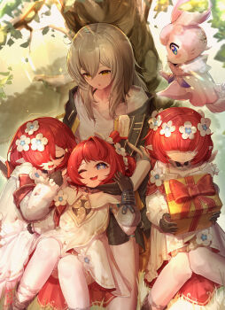4girls :o ;d absurdres against_tree ankle_boots black_gloves black_jacket black_skirt blindfold blue_eyes blush_stickers bob_cut boots bow box bra_strap braid braided_bangs brown_boots cheek_press chibikemo child cloak closed_eyes closed_mouth covered_eyes covered_mouth covering_own_mouth cross-shaped_pupils dappled_sunlight day double-parted_bangs dress drooling expressionless flower flower_wreath gift gift_box gloves grey_hair hair_between_eyes hair_over_eyes hair_over_one_eye hand_over_own_mouth head_wreath highres holding holding_box holding_gift honkai:_star_rail honkai_(series) jacket knees_together_feet_apart knees_up lap_pillow long_bangs long_hair long_sleeves looking_down lying lying_on_person mem_(honkai:_star_rail) miniskirt mouth_drool multiple_girls neckerchief on_back on_grass on_ground on_side one_eye_closed one_eye_covered one_side_up open_clothes open_jacket open_mouth pantyhose parted_lips pemosuke pink_fur pointy_ears purple_neckerchief red_bow red_hair shirt short_dress short_hair side_slit single_hair_intake sitting skirt sleeping sleeping_together smile star_(symbol) star_in_eye stelle_(honkai:_star_rail) sunlight symbol-shaped_pupils symbol_in_eye thigh_strap trailblazer_(honkai:_star_rail) tree trianne_(honkai:_star_rail) tribbie_(honkai:_star_rail) trinnon_(honkai:_star_rail) triplets two-handed two-sided_dress two-sided_fabric u_u under_tree white_cloak white_dress white_flower white_pantyhose white_shirt yellow_eyes