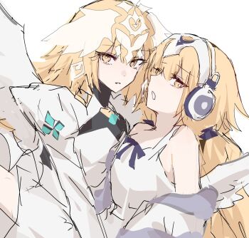 2girls angel_wings blonde_hair dress dual_persona fate/grand_order fate_(series) feathered_wings headphones highres jeanne_d&#039;arc_(fate) long_hair looking_at_viewer metatron_jeanne_(fate) metatron_jeanne_(second_ascension)_(fate) metatron_jeanne_(third_ascension)_(fate) multiple_girls nekwnek simple_background sleeveless sleeveless_dress very_long_hair white_background white_dress wings yellow_eyes