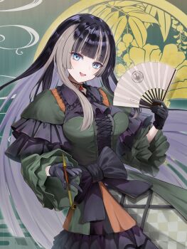 1girl :d black_bow black_choker black_gloves black_hair blue_eyes blunt_bangs bow breasts choker collared_dress commentary_request cross-laced_clothes cross-laced_dress dress folding_fan frilled_dress frilled_shirt_collar frills gloves gothic_lolita green_dress grey_hair hand_fan highres hime_cut holding holding_fan holding_smoking_pipe hololive hololive_dev_is juufuutei_raden juufuutei_raden_(1st_costume) lace lace_choker lolita_fashion long_hair long_sleeves looking_at_viewer medium_breasts multicolored_hair open_mouth paper_fan sidelocks smile smoking_pipe solo straight_hair streaked_hair torakichi_888 two-tone_hair very_long_hair virtual_youtuber waist_bow