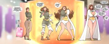 1girl age_progression arms_behind_back arms_under_breasts belt black_belt blush boots breast_expansion breasts brown_footwear brown_pants cape cleavage commentary commission confused crossed_arms english_commentary grey_jacket heart high_heels highres huge_breasts jacket large_breasts leotard looking_down open_door open_hands open_mouth original pants sequential shadow shoes smile speech_bubble surprised thegxjudgement transformation white_cape white_leotard yellow_boots yellow_shoes