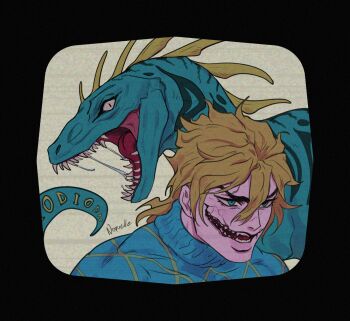 1boy argyle_clothes argyle_sweater artist_name blonde_hair blue_eyes commentary cracked_skin diego_brando dinosaur dinosaur_boy dinosaur_tail glasgow_smile hair_between_eyes highres jojo_no_kimyou_na_bouken male_focus noquelle open_mouth portrait scary_monsters_(stand) sharp_teeth slit_pupils solo stand_(jojo) steel_ball_run sweater tail teeth turtleneck