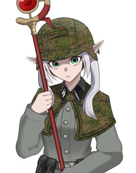 1girl alternate_costume camouflage camouflage_helmet capelet closed_mouth elf frieren green_eyes grey_hair helmet holding holding_staff koalakanru long_hair long_sleeves looking_at_viewer nazi pointy_ears reichsadler runes siegrunen simple_background solo sousou_no_frieren ss_insignia ss_uniform staff staring twintails waffen-ss white_background white_hair