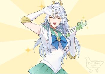 Rule 34 | 1girl, bishoujo senshi sailor moon, braid, breasts, closed eyes, commentary request, cosplay, crescent, crescent earrings, crescent hair ornament, earrings, genshin impact, hair ornament, high ponytail, highres, jewelry, long hair, magical girl, multicolored hair, nbsktool, open mouth, pleated skirt, ponytail, sailor moon, sailor moon (cosplay), scene reference, skirt, streaked hair, w, white hair, zibai (genshin impact)