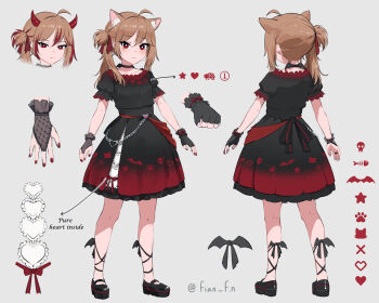 1girl ahoge animal_ears black_choker black_dress black_gloves black_shoes brown_hair cat_ears cat_girl choker closed_mouth commentary dress english_commentary evil_neuro-sama fian_f.n from_side full_body gloves hair_between_eyes horns long_hair looking_at_viewer multiple_views neuro-sama one_side_up red_eyes red_horns shoes short_dress short_sleeves vedal_ai virtual_youtuber