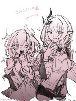 2girls absurdres breasts commentary_request company_connection corset cyrene_(aedes_elysiae)_(honkai:_star_rail) cyrene_(honkai:_star_rail) dress elf elysia_(honkai_impact) elysia_(miss_pink_elf)_(honkai_impact) greyscale hair_ornament highres honkai:_star_rail honkai_(series) honkai_impact_3rd inoue_marina large_breasts long_hair monochrome multiple_girls one_eye_closed parted_lips pointy_ears ponunu short_hair shorts shrug_(clothing) small_breasts translation_request twitter_username very_long_hair voice_actor_connection yanning