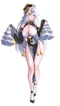1girl absurdres adapted_costume breasts cleavage covered_navel domi_(hongsung0819) hair_ornament hairclip hat high-waist_dress highres jiangshi large_breasts looking_at_viewer ofuda outstretched_arms parted_lips pelvic_curtain qingdai_guanmao simple_background sleeves_past_fingers sleeves_past_wrists solo white_background white_hair yellow_eyes yixuan_(zenless_zone_zero) zenless_zone_zero zombie_pose