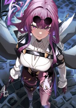 1girl ascot boots breasts coat commentary_request dondobi gloves highres holding holding_sword holding_weapon honkai:_star_rail honkai_(series) kafka_(honkai:_star_rail) large_breasts long_hair looking_at_viewer pantyhose purple_hair shirt shorts smile solo strap sunglasses sword thigh_strap weapon