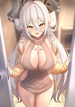 1girl absurdres bare_shoulders black_horns blurry blurry_background blush breasts brown_eyes brown_sweater bu_li cardigan center_opening chest_markings cleavage cleavage_cutout clothing_cutout commentary dark_halo demon_girl demon_horns door door_handle doorway hair_between_eyes hair_intakes hair_on_horn halo halterneck heterochromia highres horns indoors itsuki_(meridian_project) large_breasts lens_flare light_particles light_smile long_hair long_hair_between_eyes long_sleeves looking_at_viewer meridian_project open_door open_mouth pointy_ears pov_doorway ribbed_sweater sideboob sideless_outfit sideless_sweater sidelocks sleeveless sleeveless_sweater smile solo standing sweater thighs very_long_hair virtual_youtuber white_hair yellow_cardigan yellow_eyes