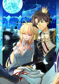 1boy 1girl absurdres aiguillette antenna_hair archetype_earth arcueid_brunestud bare_shoulders black_hair blonde_hair blue_eyes blue_gloves blue_jacket breasts cleavage command_spell crown detached_sleeves dress epaulettes fate/grand_order fate_(series) fujimaru_ritsuka_(male) fujimaru_ritsuka_(male)_(halloween_royalty) full_moon gloves highres jacket large_breasts long_hair long_sleeves mini_crown moon mor_(morfowfow) official_alternate_costume princess_outfit red_eyes short_hair smile solo strapless strapless_dress very_long_hair white_dress white_gloves
