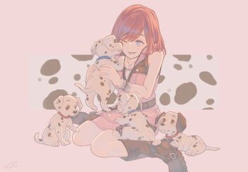 101_dalmatians 1girl animal baby_animal bare_shoulders blue_collar blue_eyes boots collar dalmatian dalmatian_print dog dress full_body highres holding holding_animal holding_dog hood hood_down hooded_dress jewelry kairi_(kingdom_hearts) kingdom_hearts kingdom_hearts_iii kneeling licking licking_another&#039;s_face necklace one_eye_closed open_mouth pink_background pink_dress puppy red_collar red_hair short_hair sleeveless sleeveless_dress smile twilight_yuuhi wristband
