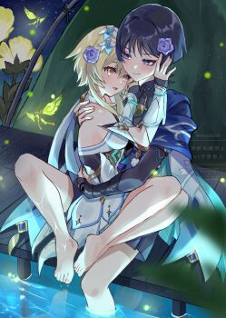 1boy 1girl animal_print aqua_sleeves armor barefoot bird_print black_bodysuit black_bridal_gauntlets black_corset black_hair black_shorts blonde_hair blue_cape blue_eyes blue_flower blue_trim blunt_ends blush bodysuit breasts bridal_gauntlets cape choppy_bangs closed_mouth corset couple crystalfly_(genshin_impact) dress eyelashes eyeliner eyeshadow fingernails fireflies flower furisode genshin_impact gold gold_ring gold_trim grey_pupils hair_flower hair_intakes hair_ornament hakama hakama_shorts hand_on_another&#039;s_back hand_on_another&#039;s_shoulder hand_up hetero highres japanese_armor japanese_clothes kimono kote kurokote legs_together looking_at_another lumine_(genshin_impact) makeup mandarin_collar medium_breasts middle_ring multicolored_flower night night_sky open_mouth outdoors pink_nails pleated_shorts pom_pom_(clothes) red_eyeliner red_eyeshadow reflection reflective_water scaramouche_(genshin_impact) short_hair short_hair_with_long_locks shorts sideboob sidelocks sitting sitting_between_lap sky smile snow20200 star_(sky) starry_sky sumeru_rose_(genshin_impact) tent twitter_username wading wanderer_(genshin_impact) watermark wet white_dress white_flower white_sleeves white_trim yellow_eyes yellow_flower yokozuwari ||/