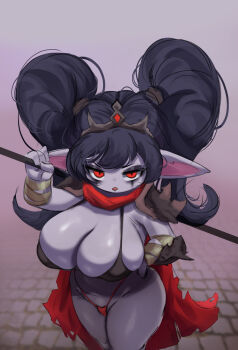 1girl annoyed arm_up armor bikini black_bikini black_eyeshadow black_hair breasts cape colored_skin crown eyeliner eyeshadow feet_out_of_frame female_focus from_above grey_skin hand_on_own_hip holding holding_weapon huge_breasts league_of_legends long_hair long_pointy_ears looking_at_viewer looking_up makeup multicolored_bikini noxus_poppy open_mouth outdoors pointy_ears poppy_(league_of_legends) red_bikini red_cape red_eyes shortstack shoulder_armor silver_queen_(silverqueen0) solo standing stone_floor swimsuit twintails two-tone_bikini weapon wide_hips yordle