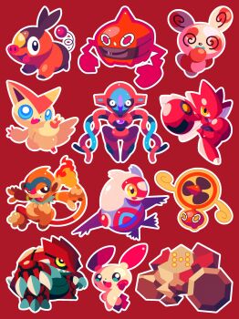 Rule 34 | @ @, absurdres, black sclera, chibi, claws, colored sclera, commentary, deoxys, deoxys (normal), dot nose, fangs, fire, flame-tipped tail, full body, gen 2 pokemon, gen 3 pokemon, gen 4 pokemon, gen 5 pokemon, groudon, highres, latias, legendary pokemon, monferno, mythical pokemon, nintendo, nostrils, open mouth, outline, plusle, pokemon, pokemon (creature), pokemon focus, red background, red eyes, red theme, regirock, rotom, rotom (fan), rotom (heat), scizor, sharp teeth, shichi (7cube ori), simple background, smile, spinda, spiral-only eyes, tail, teeth, tepig, v, victini, white eyes, white outline, yellow eyes