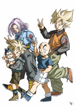 5boys baby bald black_jacket black_pants black_shorts blonde_hair blue_eyes blue_jacket blue_shirt carrying carrying_baby carrying_person dragon_ball dragonball_z from_side full_body green_eyes green_pants group_picture hand_in_pocket highres jacket kakeru_(dbskakeru) kuririn looking_at_viewer medium_hair multicolored_jacket multiple_boys number_pun orange_jacket pants purple_hair shirt short_hair shorts simple_background son_gohan son_goku super_saiyan super_saiyan_1 trunks_(dragon_ball) trunks_(future)_(dragon_ball) two-tone_jacket white_background white_shorts