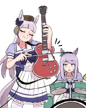 Rule 34 | 2girls, animal ears, blackuma, bow, bow (music), closed eyes, commentary, cowboy shot, drum, drum set, electric guitar, empty eyes, english commentary, frilled skirt, frills, gold ship (umamusume), green bow, grey hair, guitar, holding, holding bow (music), holding guitar, holding instrument, horse ears, horse girl, horse tail, instrument, looking at another, mejiro mcqueen (umamusume), multiple girls, music, playing instrument, pleated skirt, purple bow, purple hair, purple serafuku, purple shirt, raised eyebrows, sailor collar, sailor shirt, school uniform, serafuku, shirt, simple background, skirt, smile, standing, summer uniform, tail, thighhighs, tracen school uniform, umamusume, upper body, white background, white sailor collar, white skirt, white thighhighs