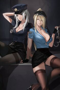 2girls arm_support black_bra black_footwear black_panties black_pantyhose blue_eyes bra breasts brown_pantyhose button_gap cleavage clothes_lift collared_shirt cuffs dress_shirt female_robin_(fire_emblem) fingerless_gloves fingernails fire_emblem fire_emblem_awakening gloves grey_eyes grey_hair handcuffs hat high_heels high_ponytail highres j@ck large_breasts leaning_back legs long_fingernails metroid midriff_peek miniskirt multiple_girls nintendo panties pantyhose partially_unbuttoned police police_badge police_hat police_uniform policewoman ponytail samus_aran shirt shirt_tucked_in short_sleeves sidelocks sitting skindentation skirt skirt_lift super_smash_bros. thighhighs thighs underwear upskirt