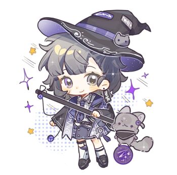 1girl black_hat black_jacket black_shoes blunt_bangs blush_stickers cat chibi chibi_only closed_mouth collared_shirt full_body grey_eyes grey_hair grey_skirt hat he_dian_dounai_ba heterochromia highres jacket legwear_garter long_sleeves looking_at_viewer necktie open_clothes open_jacket original purple_eyes purple_necktie shirt shoes short_hair simple_background skirt smile socks solo standing white_background white_shirt white_socks witch_hat