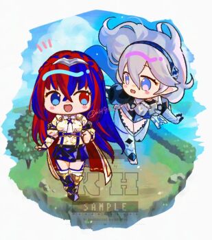 2girls black_hairband blue_aura blue_cape blue_eyes blue_hair braid cape crossed_bangs crown_braid female_alear_(fire_emblem) female_corrin_(emblem)_(fire_emblem) female_corrin_(fire_emblem) fire_emblem fire_emblem_engage grey_hair hair_between_eyes hairband heterochromia kh_(tanakananataka) long_hair multicolored_hair multiple_girls nintendo pointy_ears red_eyes red_hair smile split-color_hair tiara two-tone_hair