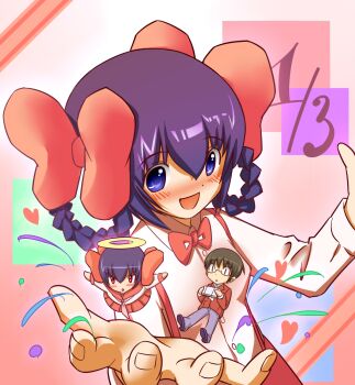 Rule 34 | 1boy, 2girls, ayukawa tenri, blue eyes, blush, bow, diana (kaminomi), dual persona, hair bow, hair rings, halo, handheld game console, highres, kamekichi (kamekiti), kami nomi zo shiru sekai, katsuragi keima, mini person, miniboy, minigirl, multiple girls, playstation portable, purple hair, red eyes, school uniform, serafuku