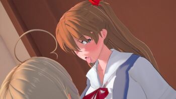 1boy 1girl 3d alternate_breast_size artist_request blue_eyes blush breasts brown_hair door expressionless french_kiss hair_bobbles hair_ornament hetero highres huh hypnosis interface_headset_(evangelion) kiss large_breasts long_hair looking_at_another mind_control neon_genesis_evangelion saliva saliva_trail school_uniform shiny_skin short_hair simple_background souryuu_asuka_langley standing suspenders tokyo-3_middle_school_uniform tongue tongue_out trap twintails very_long_hair wide_hips