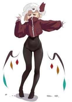 Rule 34 | 1girl, alternate costume, black bodysuit, blonde hair, blush, bodysuit, commentary, covered navel, crystal wings, flandre scarlet, full body, hand up, hat, highres, jacket, legs, long sleeves, looking at viewer, mira mira mira, mob cap, no shoes, outstretched arm, red eyes, red jacket, skin tight, smile, solo, standing, thighs, touhou, vampire, white background, wings