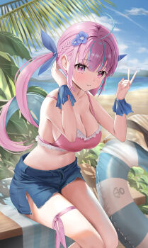 1girl absurdres ahoge alternate_costume aqua_hair beach bikini bikini_top_only blue_ribbon blue_shorts blue_sky blunt_bangs braid breasts cleavage closed_mouth cloud colored_inner_hair commentary_request day drill_hair fanged_bangs flower frilled_bikini frills hair_flower hair_ornament hair_ribbon half_up_braid hands_up highres hololive large_breasts long_hair looking_at_viewer minato_aqua mochiki_927 multicolored_hair navel outdoors pink_bikini pink_hair purple_eyes ribbon short_shorts shorts sitting sky solo stomach streaked_hair swim_ring swimsuit twin_drills two-tone_hair v virtual_youtuber