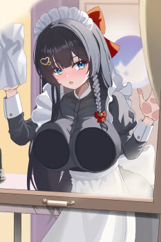 1girl :o absurdres against_glass apron black_dress black_hair blue_eyes blunt_ends bow braid breast_press breasts breasts_on_glass cleaning cleaning_windows commentary commentary_request dress english_commentary feet_out_of_frame frilled_dress frills hair_bow hair_ornament hands_up heart heart_hair_ornament highres huge_breasts indoors kkaennip_kr korean_commentary light_blush long_hair long_sleeves looking_at_viewer maid maid_headdress mixed-language_commentary open_mouth red_bow shirayuki_hina side_braid solo standing stellive straight_hair very_long_hair virtual_youtuber waist_apron white_apron window