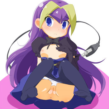 1girl anus blonde_hair blue_eyes blush bow breasts breasts_out cello_(20000) character_request cleft_of_venus clothes_pull dress female_focus hand_on_own_chest highres long_hair multicolored_hair nipples no_bra panties panty_pull pantyhose pantyhose_pull plug purple_hair pussy sitting solo tail uncensored underwear zakuzaku_actors