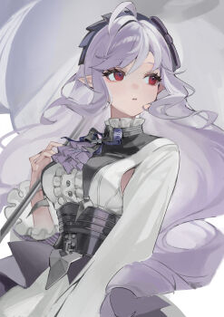 1girl absurdres ahoge ascot black_bow bow clothing_cutout dress eoboong hair_ornament highres holding long_hair long_sleeves parted_lips pointy_ears purple_ascot purple_hair red_eyes side_cutout solo very_long_hair vivian_banshee white_dress zenless_zone_zero