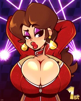 1girl arms_behind_head artist_logo artist_name breasts brown_hair cleavage closed_mouth eyeshadow large_breasts legendofnerd logo long_hair looking_at_viewer makeup mario_(series) mario_kart mario_kart_world nintendo pauline_(mario) puckered_lips purple_eyeshadow raised_eyebrow red_lips seductive_gaze solo upper_body