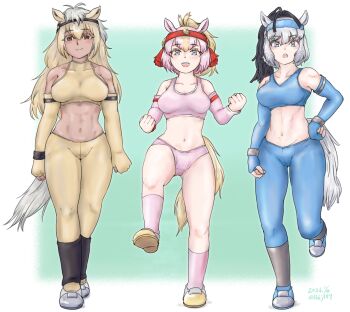 3girls abs alternate_costume animal_ears arms_at_sides black_hair blonde_hair blue_eyes blue_pants blue_sports_bra breasts bridle brown_eyes buruma clenched_hands closed_mouth commentary_request crotch_seam dark-skinned_female dark_skin dated detached_leggings detached_sleeves elbow_gloves fingerless_gloves full_body gloves gluteal_fold gray_thoroughbred_(kemono_friends) grey_hair hand_on_own_hip headband highres horizontal_pupils horse_ears horse_girl horse_tail kemono_friends kemono_friends_3 large_breasts legs_apart long_hair medium_breasts medium_hair multicolored_hair multiple_girls navel open_mouth palomino_quarter_horse_(kemono_friends) pants pink_buruma pink_hair pink_socks pink_sports_bra saja_(166j357) shinme_(kemono_friends) shoes side-by-side smile socks sports_bra sportswear stomach straight-on tail toned toned_female two-tone_hair walking yellow_pants yellow_sports_bra yoga_pants