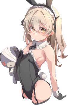 1girl animal_ears black_gloves black_leotard black_neckerchief boko_(girls_und_panzer) bow bowtie breasts brown_eyes brown_hair cropped_legs frilled_leotard frills girls_und_panzer gloves highres leotard long_hair neckerchief one_side_up osanai_sanday playboy_bunny rabbit_ears rabbit_tail shimada_arisu simple_background small_breasts solo stuffed_animal stuffed_toy tail teddy_bear white_background wrist_cuffs