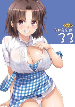 1girl apron arm_support blue_apron blue_background breasts brown_eyes brown_hair cleavage collared_shirt content_rating cowboy_shot gingham_apron grin large_breasts nakajima_yuka no_pants original panties partially_unbuttoned shirt short_hair sitting smile solo translation_request two-tone_background underwear white_background white_panties white_shirt