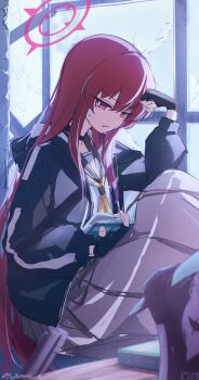 1girl black_gloves black_jacket black_sailor_collar blue_archive book broken_glass commentary_request fingerless_gloves glass gloves grey_skirt hair_between_eyes halo hand_on_own_forehead helmet highres holding holding_book hood hood_down jacket long_hair long_skirt looking_down neckerchief rabu_(blue_archive) red_eyes red_halo s_panda_k sailor_collar shirt sitting skirt solo sweatdrop unworn_headwear unworn_helmet very_long_hair white_shirt yellow_neckerchief