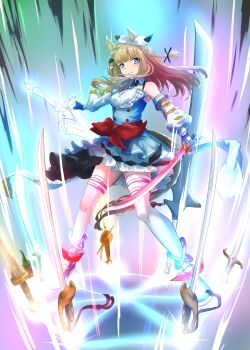 +_+ 1girl absurdres almond_eye_(umamusume) animal_ears bare_shoulders blue_dress blue_eyes blue_gloves blush bow bow_hairband braid braided_sidelocks breasts brown_hair closed_mouth colored_inner_hair commentary_request dress fingerless_gloves gloves hair_between_eyes hair_ornament hairband hairclip highres holding holding_sword holding_weapon horse_ears horse_girl horse_tail komoro_paint777 long_hair looking_at_viewer multicolored_hair red_button shoes smile solo sword symbol-shaped_pupils tail thighhighs umamusume weapon white_hairband white_thighhighs x-shaped_pupils