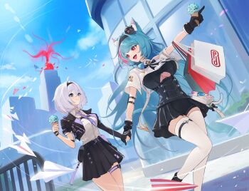 2girls absurdres ahoge animal_ear_fluff animal_ears bag bell black_dress black_gloves black_hairband black_jacket black_skirt blue_eyes blue_hair blue_sky breasts building cloud cloudy_sky collared_shirt commentary cross_in_eye day dress fang feet_out_of_frame female_esper_zero_(nte) gloves hairband highres holding holding_hands holding_ice_cream_cone ice_cream_cone jacket large_breasts long_hair medium_hair mint_(nte) multicolored_hair multiple_girls neck_bell necktie neverness_to_everness open_clothes open_jacket open_mouth outdoors paper_airplane parted_lips pink_hair pink_streaks pointing pointing_forward purple_necktie red_eyes shirt shopping_bag short_sleeves shrug_(clothing) skin_fang skirt sky streaked_hair tail takealook thigh_strap thighhighs thighs two-tone_hair untranslatable_commentary white_hair white_shirt white_shrug white_thighhighs