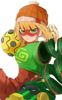 Rule 34 | 1girl, arms (game), beanie, blonde hair, blunt bangs, bob cut, boribori yasai, dragon (arms), extendable limbs, eye mask, green eyes, hat, highres, looking at viewer, mask, megawatt (arms), min min (arms), orange hat, orange shirt, shirt, short hair, solo